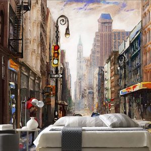 Street View of New York Oil Painting Style City Landscape Wallpaper