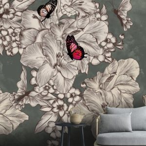 Butterflies Botanic Flowers Dark Background Floral Removable Wallpaper