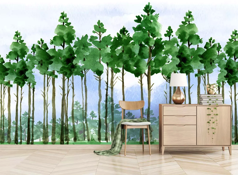 Forest Cartoon Poplar Tree Landscape Removable Wallpaper 3 Forest Cartoon Poplar Tree Landscape Removable Wallpaper