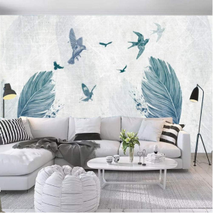 Monochrome Dark Blue Feather With Birds Removable Wallpaper