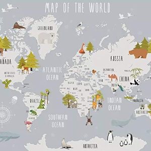 World Map and Animal Kids Textile Wallpaper