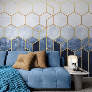Hexagons on a Blue Background with Gold Elements Removable Wallpaper