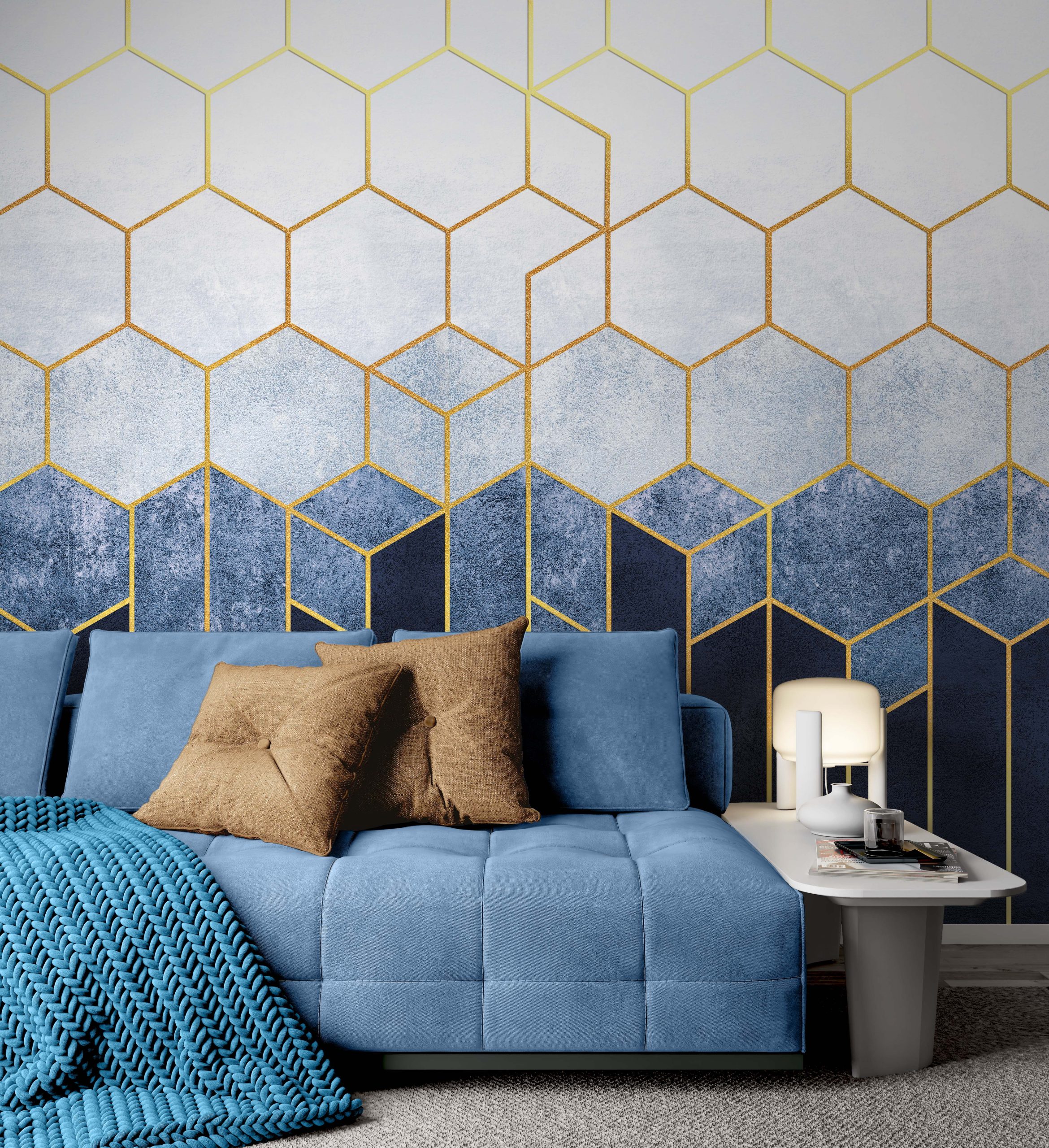 Hexagons on a Blue Background with Gold Elements Removable Wallpaper 1 Hexagons on a Blue Background with Gold Elements Removable Wallpaper