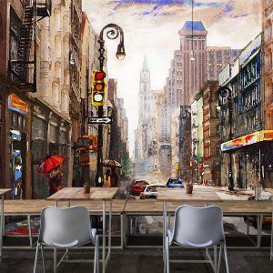 Street View of New York Oil Painting Style City Landscape Wallpaper