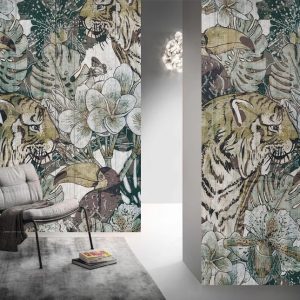 Tropical Animals Flowers Jungle Leaves Lion Bird Removable Wallpaper