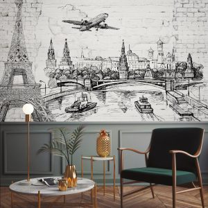 Light Brick Wall Contours of World Landmarks Airplane Sky Removable Wallpaper
