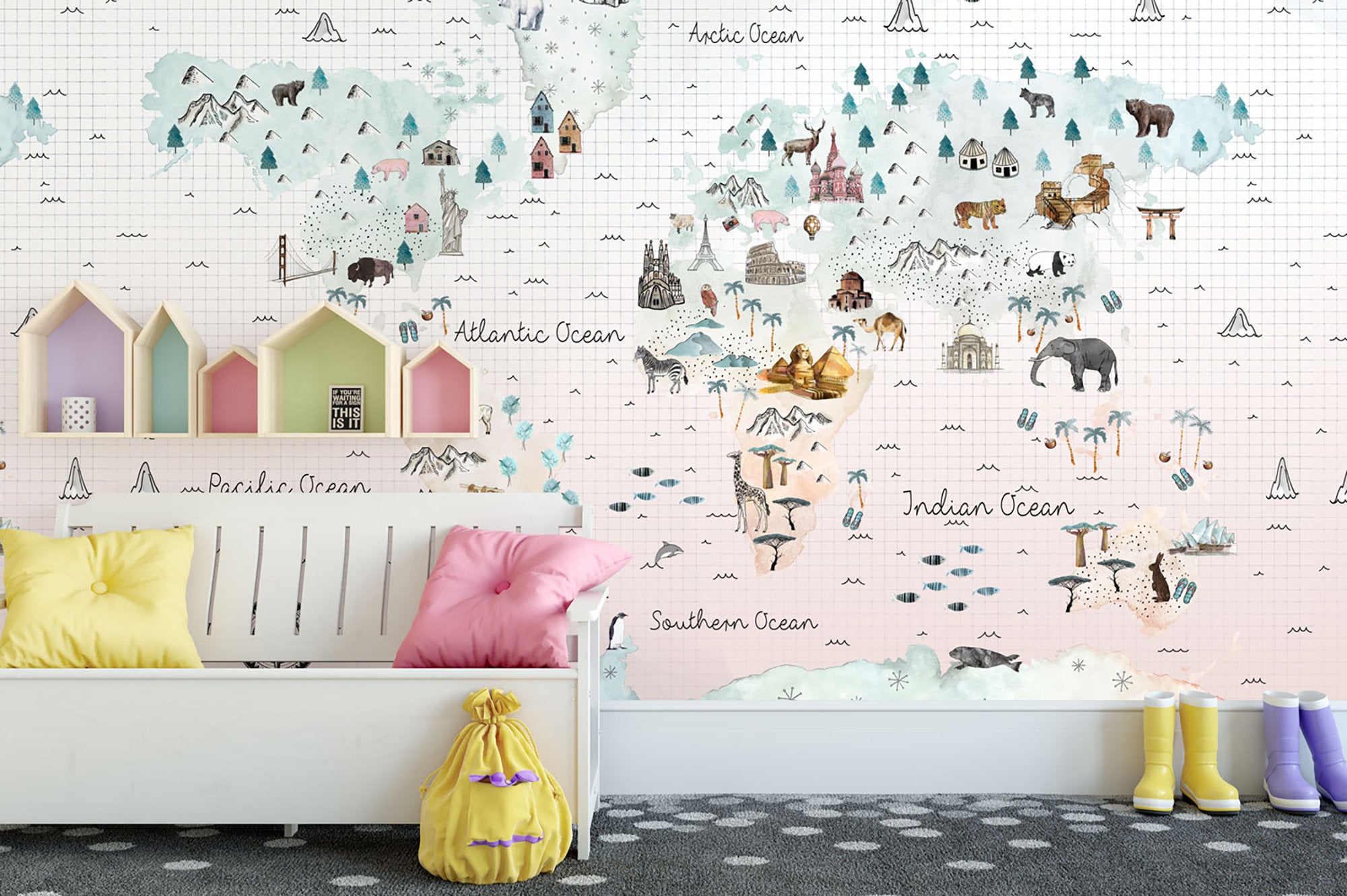 Soft World Map Little Animals and Famous Landmarks Wallpaper 7 Soft World Map Little Animals and Famous Landmarks Wallpaper