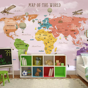 Colorful World Map Airplane and Hot Air Balloon Removable Wallpaper