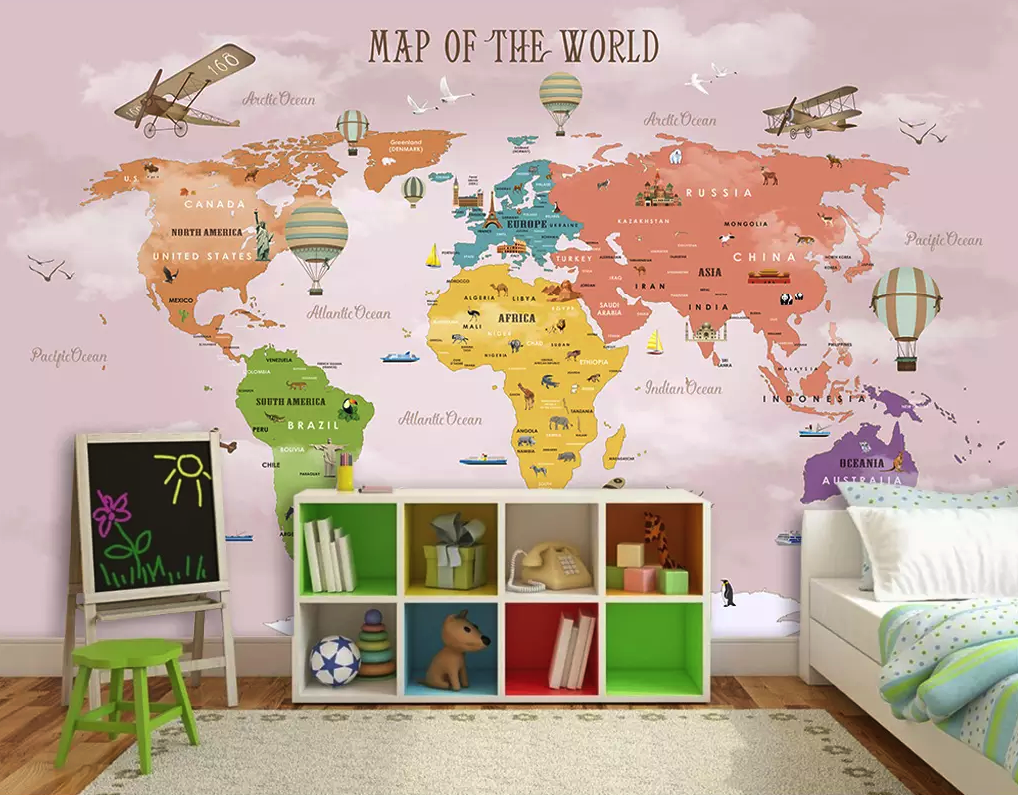 Colorful World Map Airplane and Hot Air Balloon Removable Wallpaper 2 Colorful World Map Airplane and Hot Air Balloon Removable Wallpaper