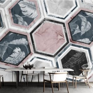 Hexagon Geometric Shapes Feather and Marble Background Removable Wallpaper