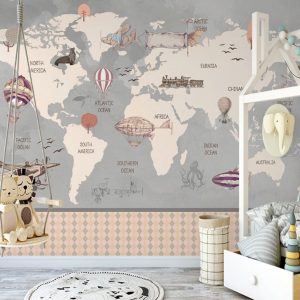 Gray Modern World Map Airplanes Background Removable Wallpaper