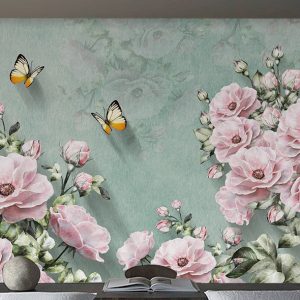 3D Pastel Pink Flower Yellow Little Butterfly Rustic Wallpaper