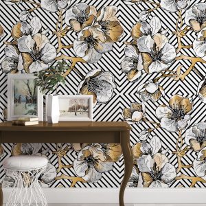 Futuristic White and Gold Flowers Geometric Removable Wallpaper