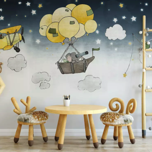 Cartoon Nightscape Hot Air Balloon and Elephant Wallpaper