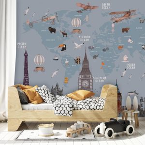 Architectural Structures Funny World Map Removable Wallpaper