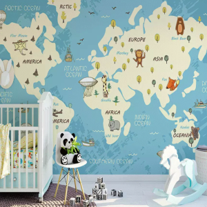 Blue Kids World Map Cartoon Animals Removable Wallpaper