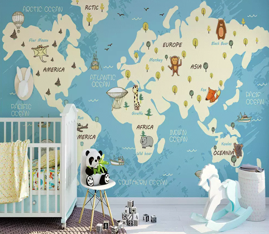 Blue Kids World Map Cartoon Animals Removable Wallpaper 2 Blue Kids World Map Cartoon Animals Removable Wallpaper