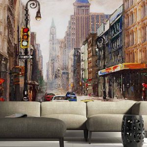 Street View of New York Oil Painting Style City Landscape Wallpaper
