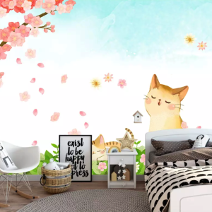 Cartoon Cat Cherry Blossom Kids Removable Wallpaper