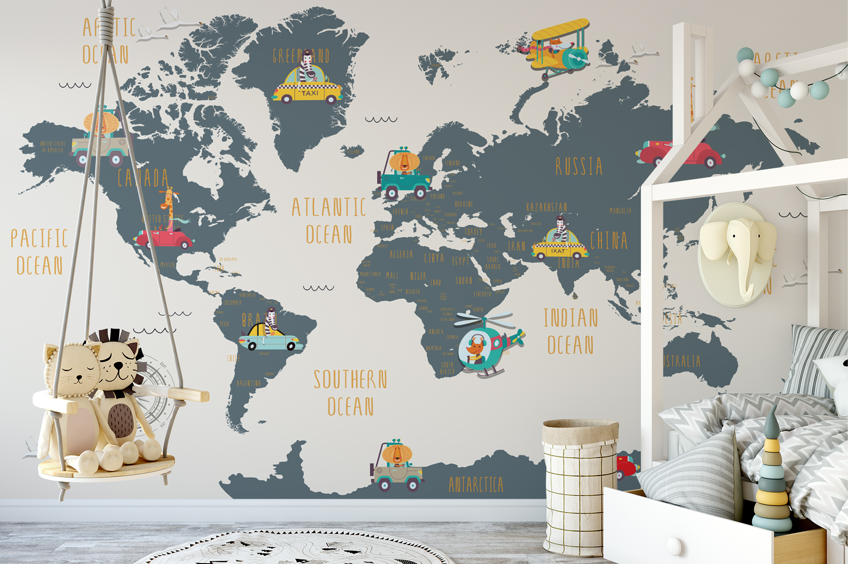 World Map and Cartoon Animals Textile Wall Paper 6 World Map and Cartoon Animals Textile Wall Paper