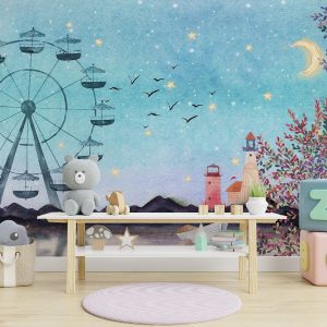 Colorful Leaves Starry Sky Ferris Wheel Removable Wallpaper
