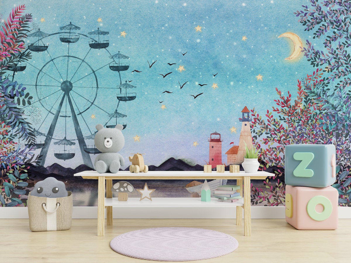 Colorful Leaves Starry Sky Ferris Wheel Removable Wallpaper 1 Colorful Leaves Starry Sky Ferris Wheel Removable Wallpaper