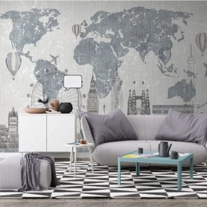 Monochrome City Symbols Maps Hot Air Balloons Removable Wallpaper