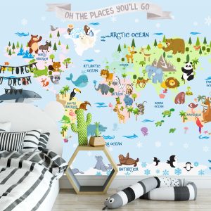 Animals On The World Map Blue Background Colorful Removable Wallpaper