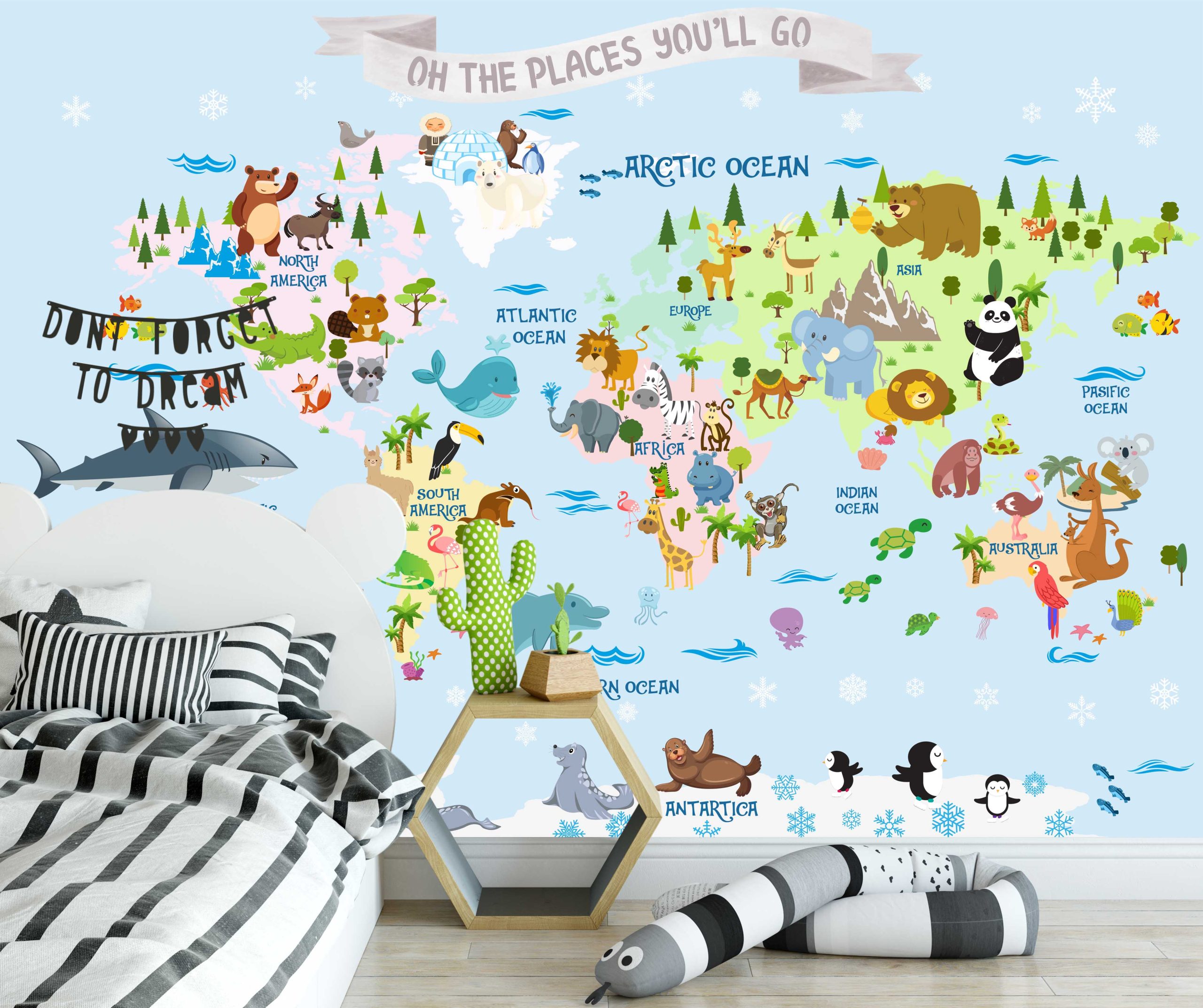 Animals On The World Map Blue Background Colorful Removable Wallpaper 3 Animals On The World Map Blue Background Colorful Removable Wallpaper