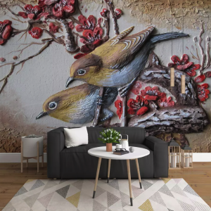3D Embossed Cement Sculpture Bird Colorful Tree Modern Wallpaper