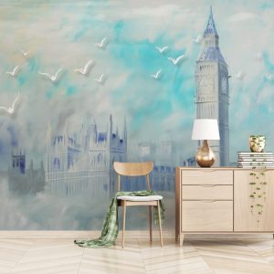 Clock Tower Oil Painting Castle Removable Wallpaper