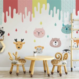 Colorful Cute Animal Faces and Watercolor  Removable Wallpaper