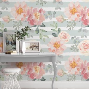 Pale Pink Roses Peonies Gray Leaves Flowers Removable Wallpaper