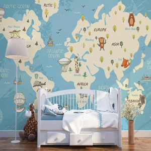 Blue Kids World Map Cartoon Animals Removable Wallpaper