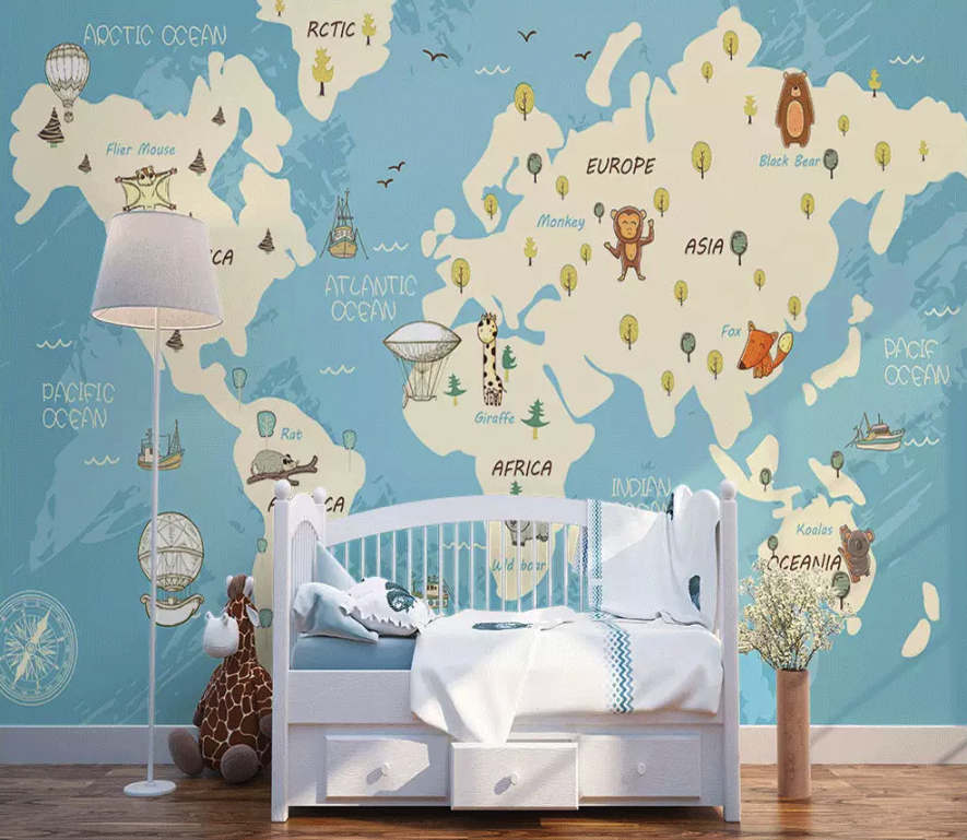 Blue Kids World Map Cartoon Animals Removable Wallpaper 1 Blue Kids World Map Cartoon Animals Removable Wallpaper