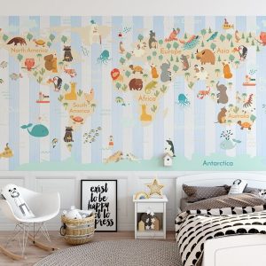 Colorful World Map Animals with Stripe Pattern Removable Wallpaper