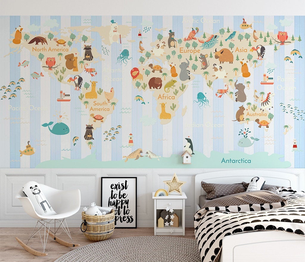 Colorful World Map Animals with Stripe Pattern Removable Wallpaper 1 Colorful World Map Animals with Stripe Pattern Removable Wallpaper
