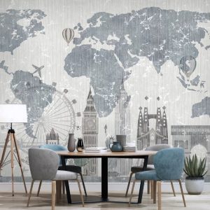 Monochrome City Symbols Maps Hot Air Balloons Removable Wallpaper