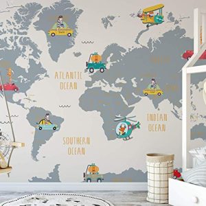 World Map and Cartoon Animals Textile Wall Paper