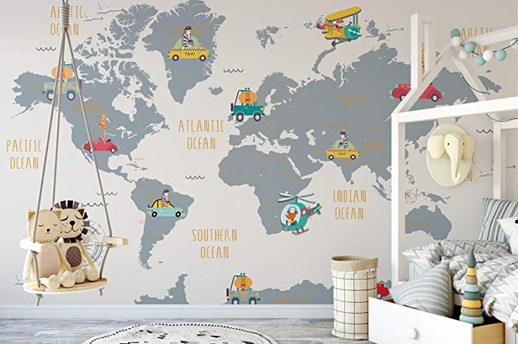World Map and Cartoon Animals Textile Wall Paper 1 World Map and Cartoon Animals Textile Wall Paper