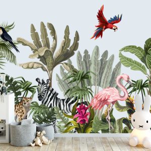 Tropical Jungle Playing Wild Animals Removable Wallpaper