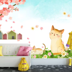 Cartoon Cat Cherry Blossom Kids Removable Wallpaper