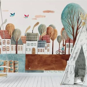 Kids Landscape Cartoon Abstract Village Removable Wallpaper