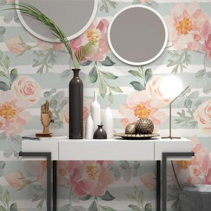Pale Pink Roses Peonies Gray Leaves Flowers Removable Wallpaper