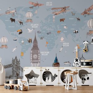 Architectural Structures Funny World Map Removable Wallpaper