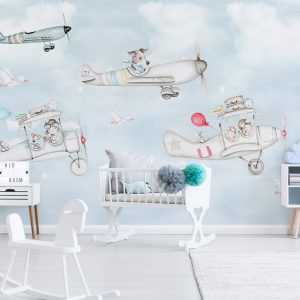Cartoon Aircraft Sky Landscape Kids Wallpaper