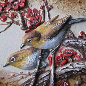 3D Embossed Cement Sculpture Bird Colorful Tree Modern Wallpaper