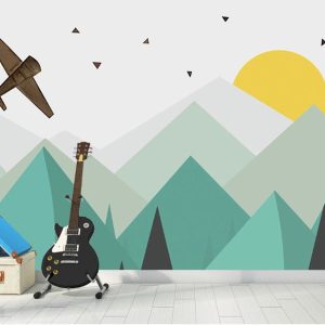 Geometric Triangle Green Mountains Sun Plane Removable Wallpaper