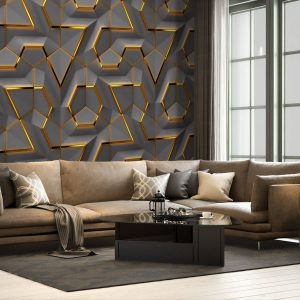 Gold and Grey Geometric 3D Effect Abstract Shapes Removable Wallpaper