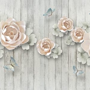 3D Cream Flowers Turquoise Butterflies REMOVABLE Wallpaper